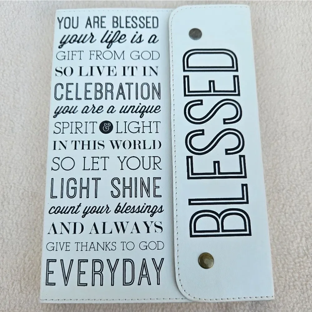 Blessed White and Black Snap Front Faux Leather Notebook